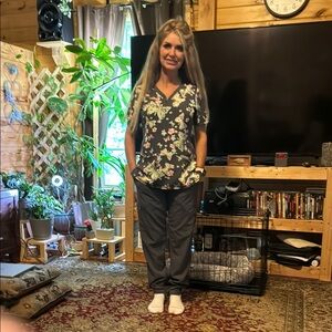 Floral Scrub Top and Gray Pants Set